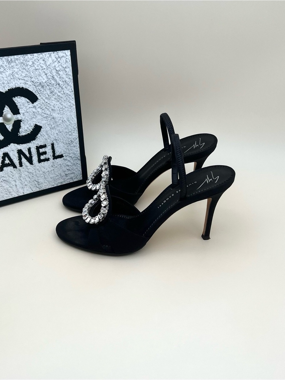 Giuseppe Zanotti Black Satin Slingback Heels with Crystal Bow